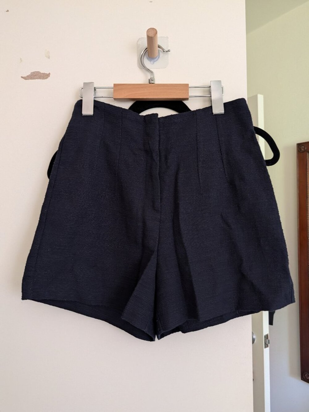 Zara Navy Blue High Waist Wide Leg Shorts Textured Crepe Size S